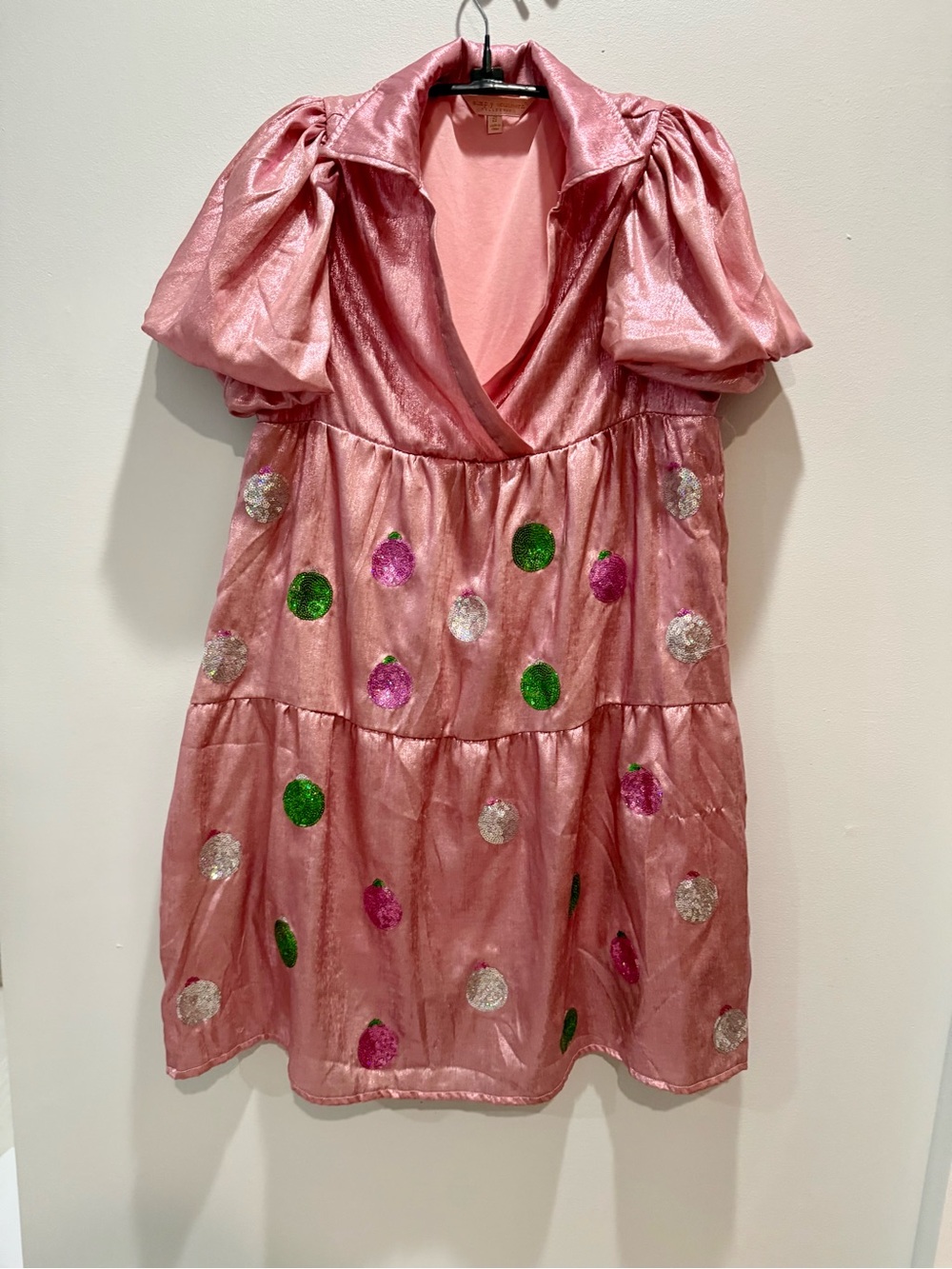 Simply Southern Pink Metallic Christmas Ornament Sequin Dress Size Small